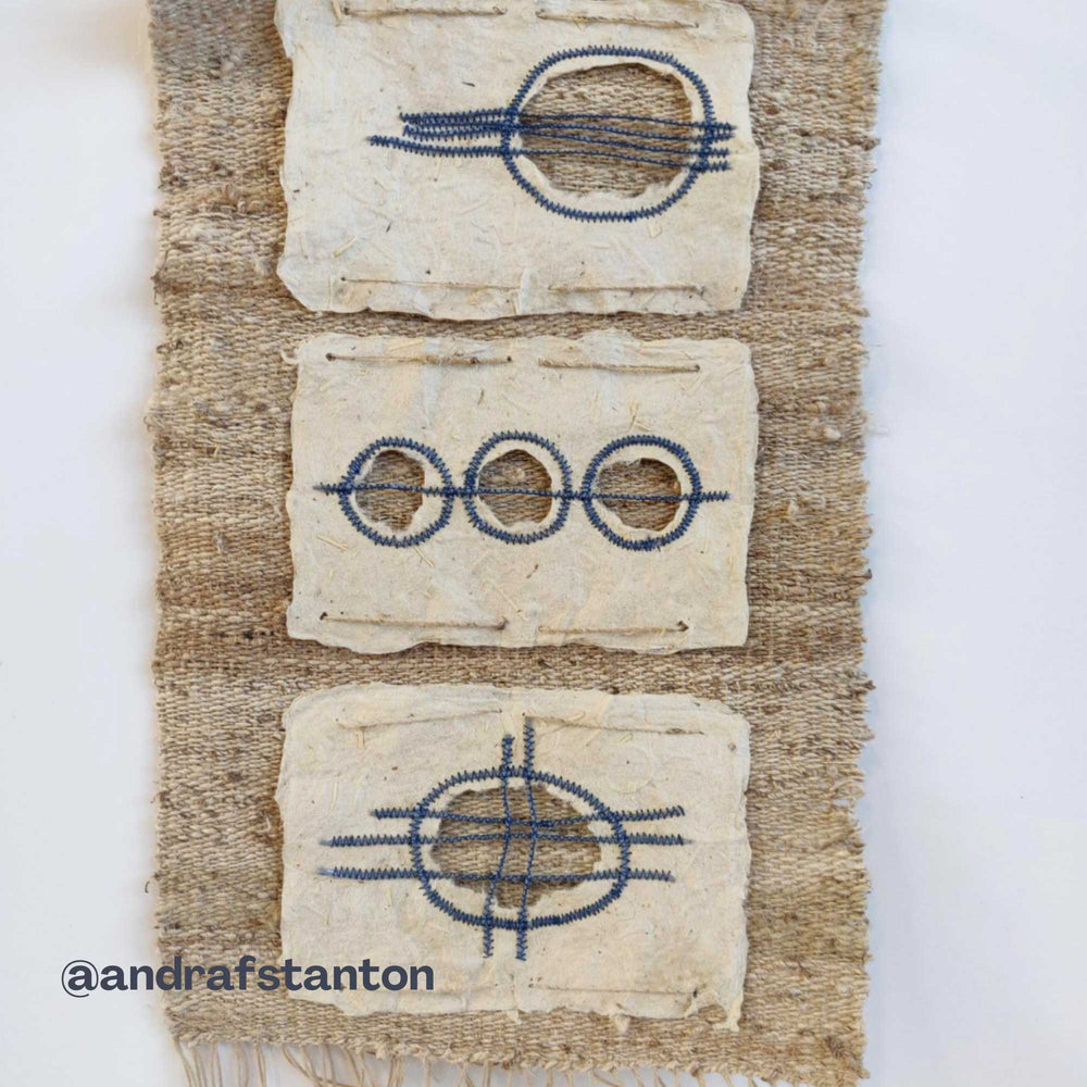 
                  
                    wallhanging showing woven natural nettle yarn with handmade milkweed paper. crafted by @andrafstanton
                  
                