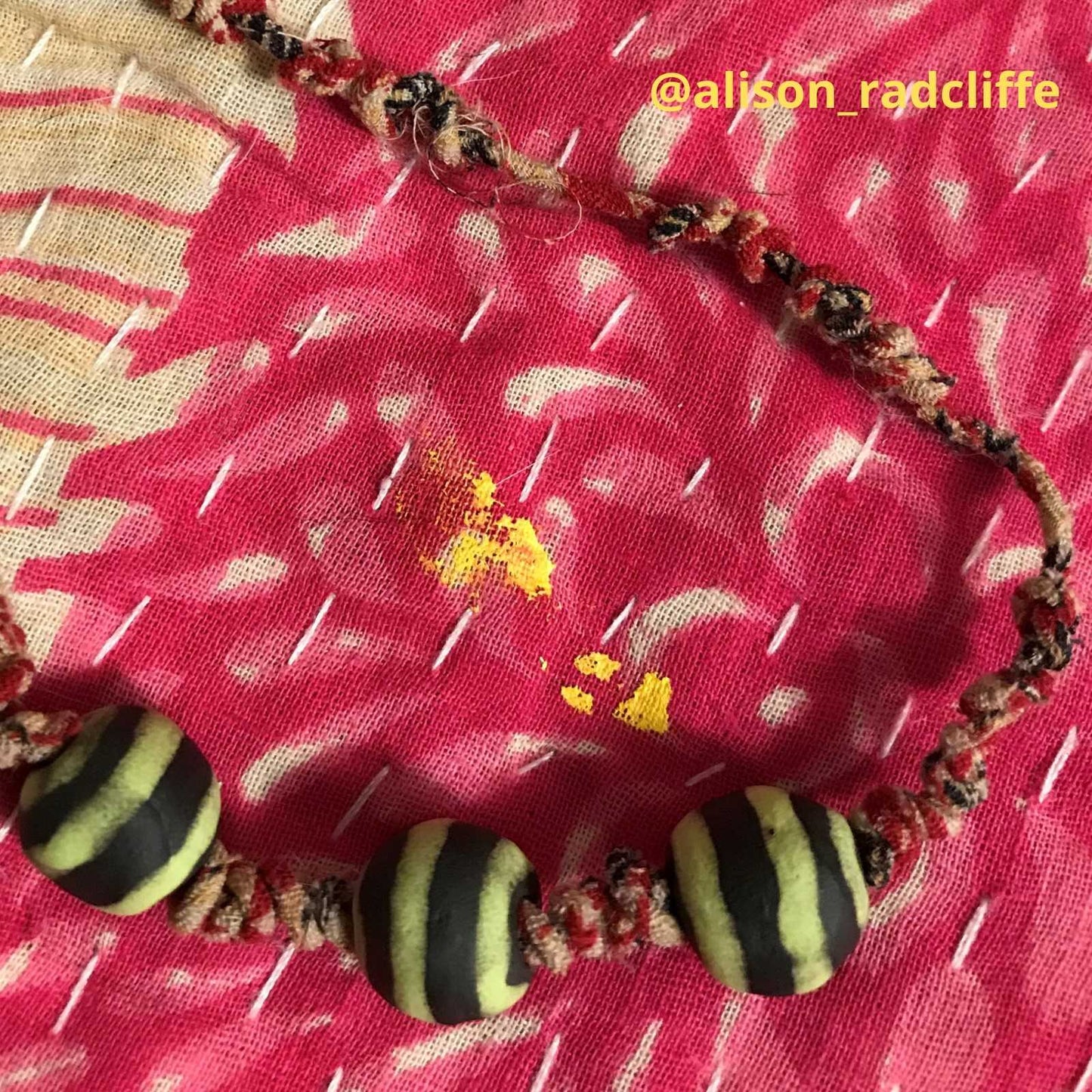 A boho necklace crafted using ORA Fabulous Fibres Recycled Cotton Cord and beads. Crafted by @alison_radcliffe