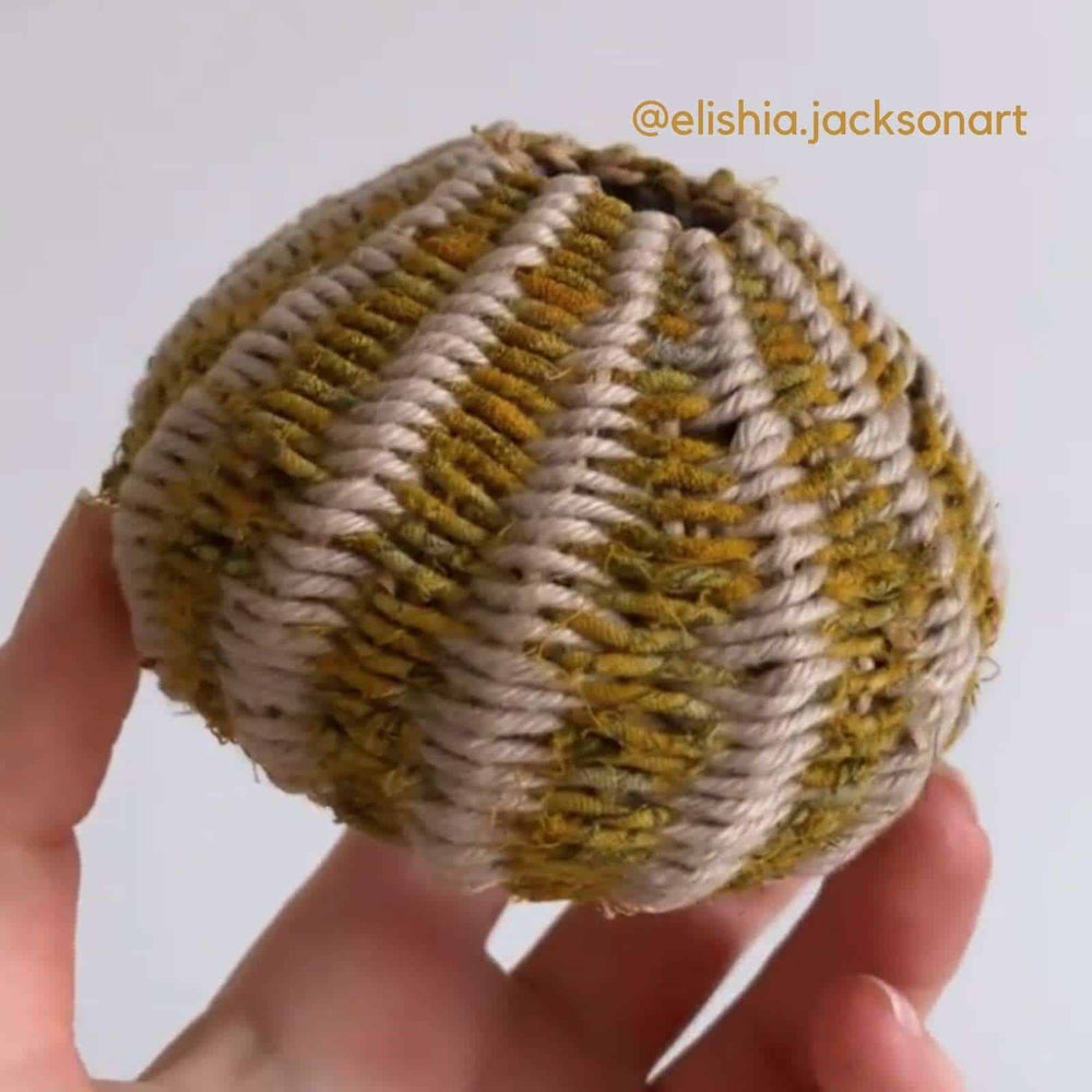 Organic shaped woven vessel crafted by @elishia.jacksonart and incorporating our Fairtrade Recycled Sari Twine