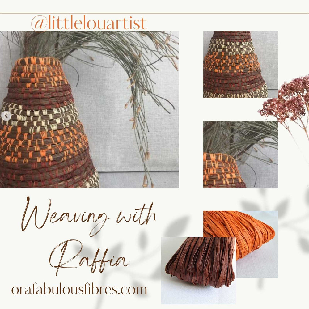 Raffia vessel weaving by @littlelouartist using Nutscene Raffia in Cinnamon, Orange and Natural and woven with Grevilla leaves. Vessel is natural looking and tall. Several pictures showing different angles and detail of the woven raffia vessel.