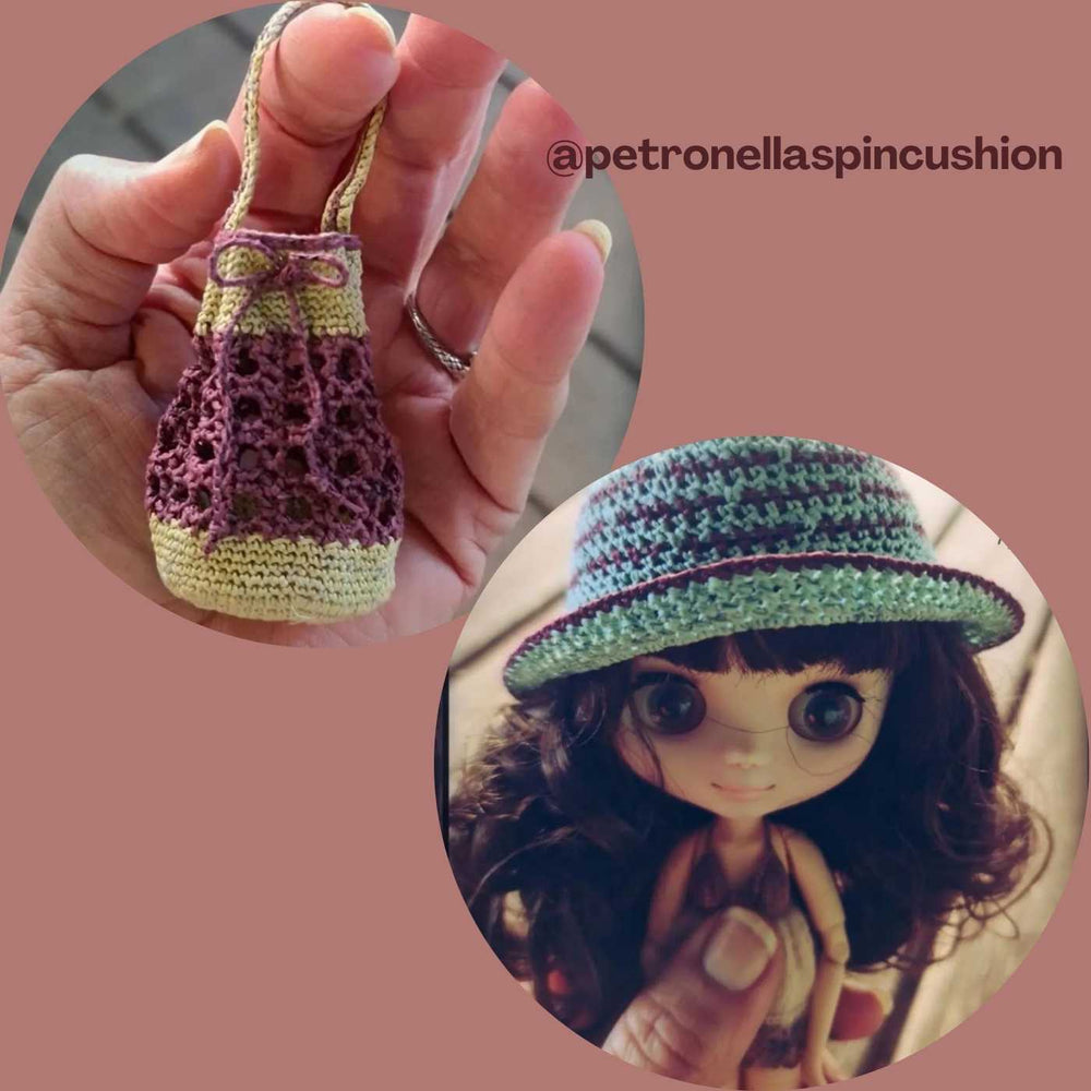 Miniature drawstring bag and dolls hat crafted by @petronellaspincushion using Habu Textiles Raw Silk Wrapped Paper Yarn