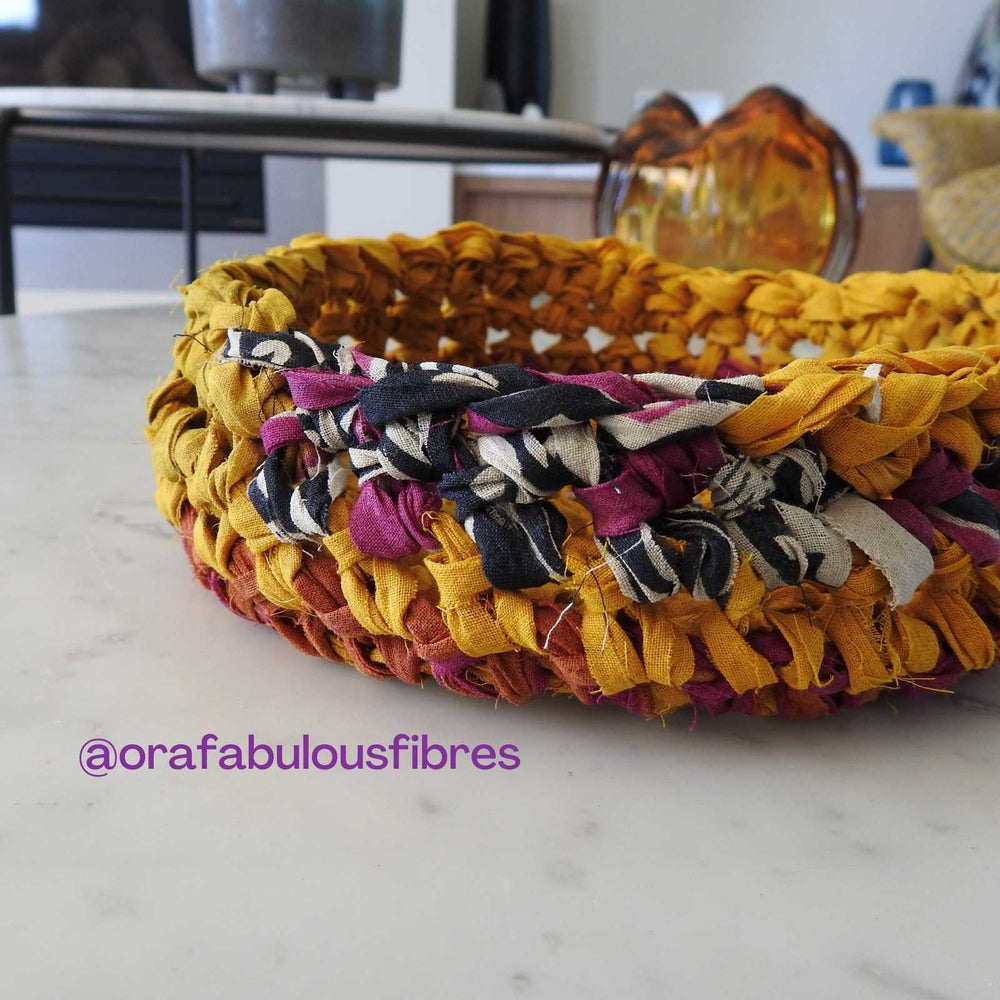 soft crochet basket using fair trade and recycled cotton sari ribbon