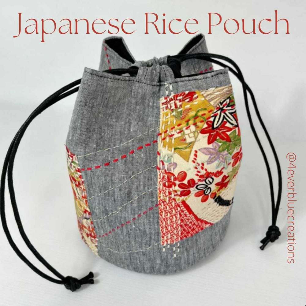 Beautiful modern style Japanese Drawstring bag (also known as rice pouch, Komebukuro, Kinchaku) is handcrafted by @4everbluecreations and incorporates sashiko stitching including Daruma Gold Lame thread for embellishment