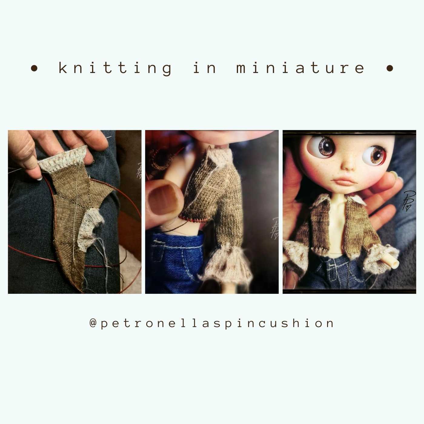 Three pictures showing progressive knitting of doll's cardigan by @petronellaspincushion. Using Habu Textiles Kakishibu Ramie lace yarn and Habu Textiles Silk Fern Cotton lace yarn