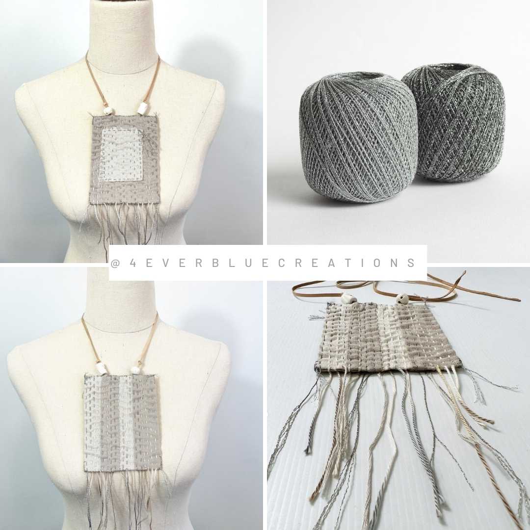 Textile jewellery by @4everbluecreations in the Sashiko Boro style and using Daruma Metallic Lame Thread