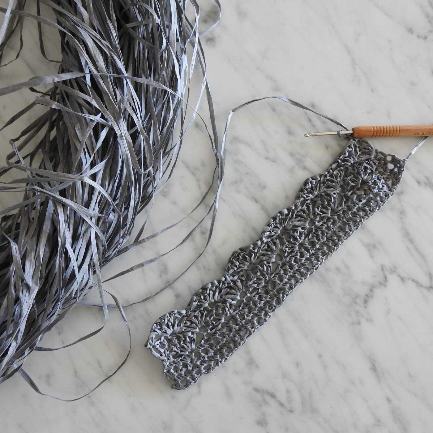 crochet wip using linen paper yarn. blog post explaining what is paper yarn