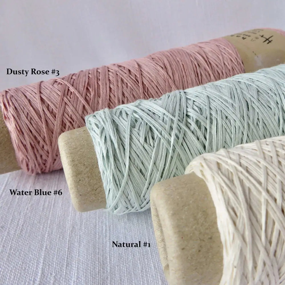 
                  
                    Habu Cotton Gima yarn in dusty rose, water blue, natural and sky blue. Yarn for weaving, knitting, crochet. Habu Cotton Gima. Habu yarn A174
                  
                