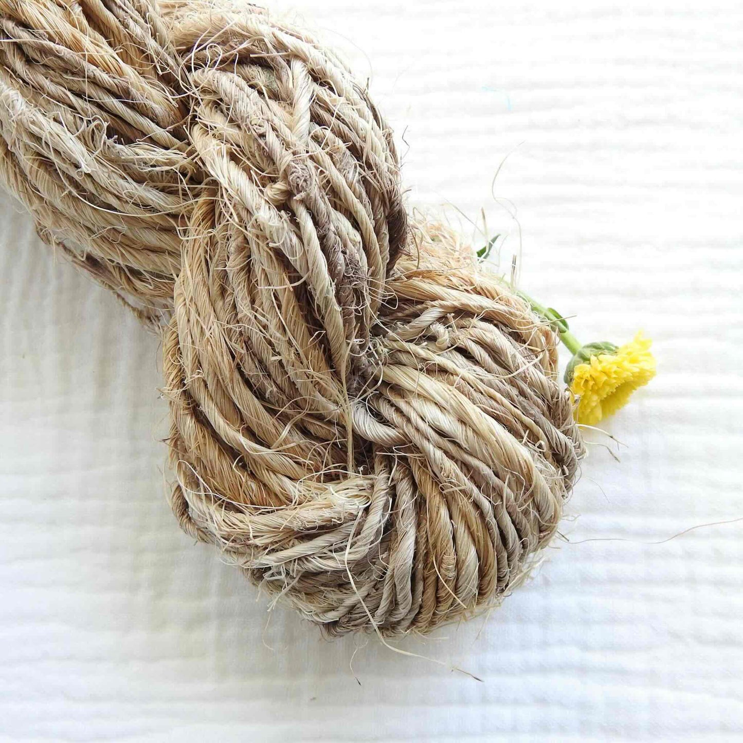 A skein of raw pineapple fibre yarn. Rustic texture, natural colour for creating and crafting