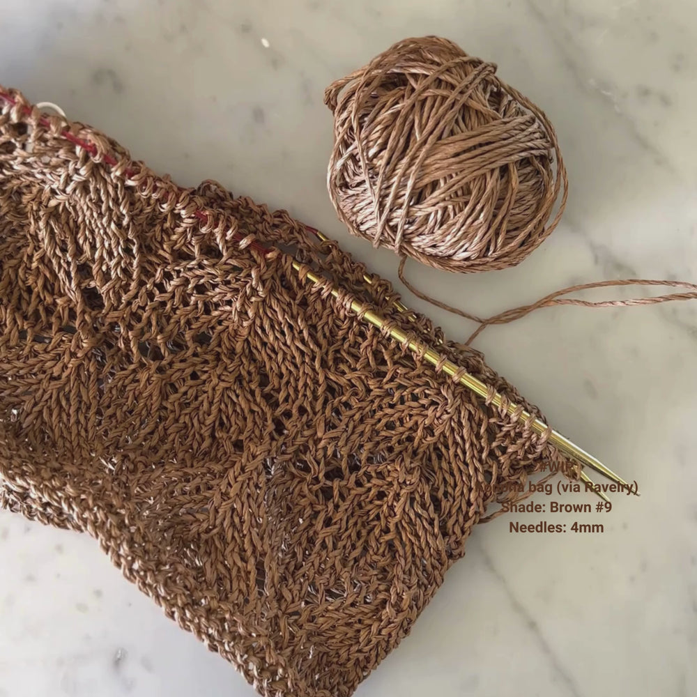 work in progress - knitted bag using sasawashi bamboo yarn in brown #9. natural yarn, 100% bamboo. knit or crochet bags, hats, baskets