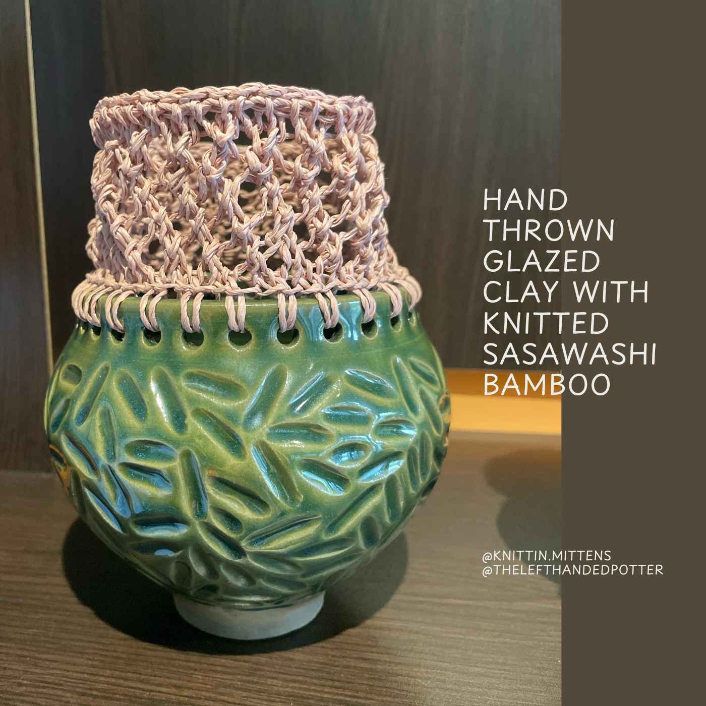 Green hand-thrown glazed clay vase with knitted Sasawashi bamboo on a wooden surface.