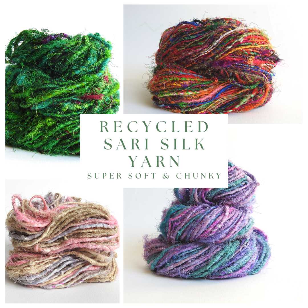collage of recycled Sari Silk Yarn. Recycled sari silk yarn Australia. Eco friendly yarn. Handspun, chunky yarn for knitting, crochet, weaving, craft.