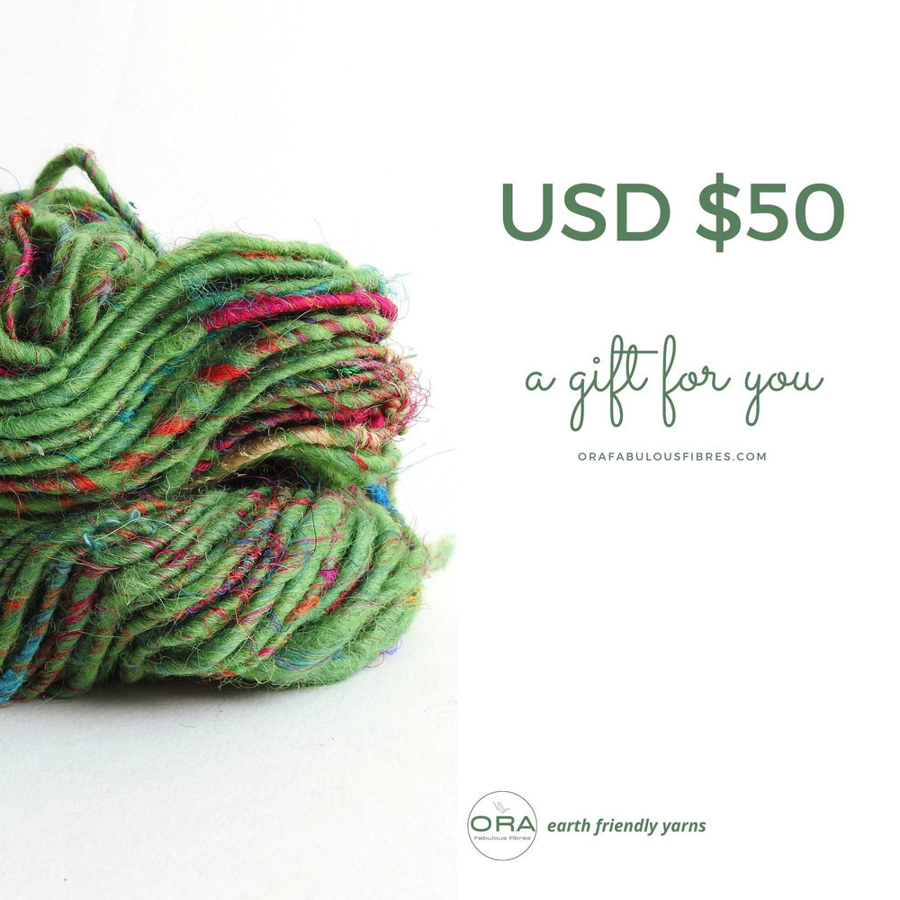 
                      
                        gift card for yarn lovers. birthdays, christmas, thank you, celebrations. Gift card for US$50 value for use at orafabulousfibres.com
                      
                    