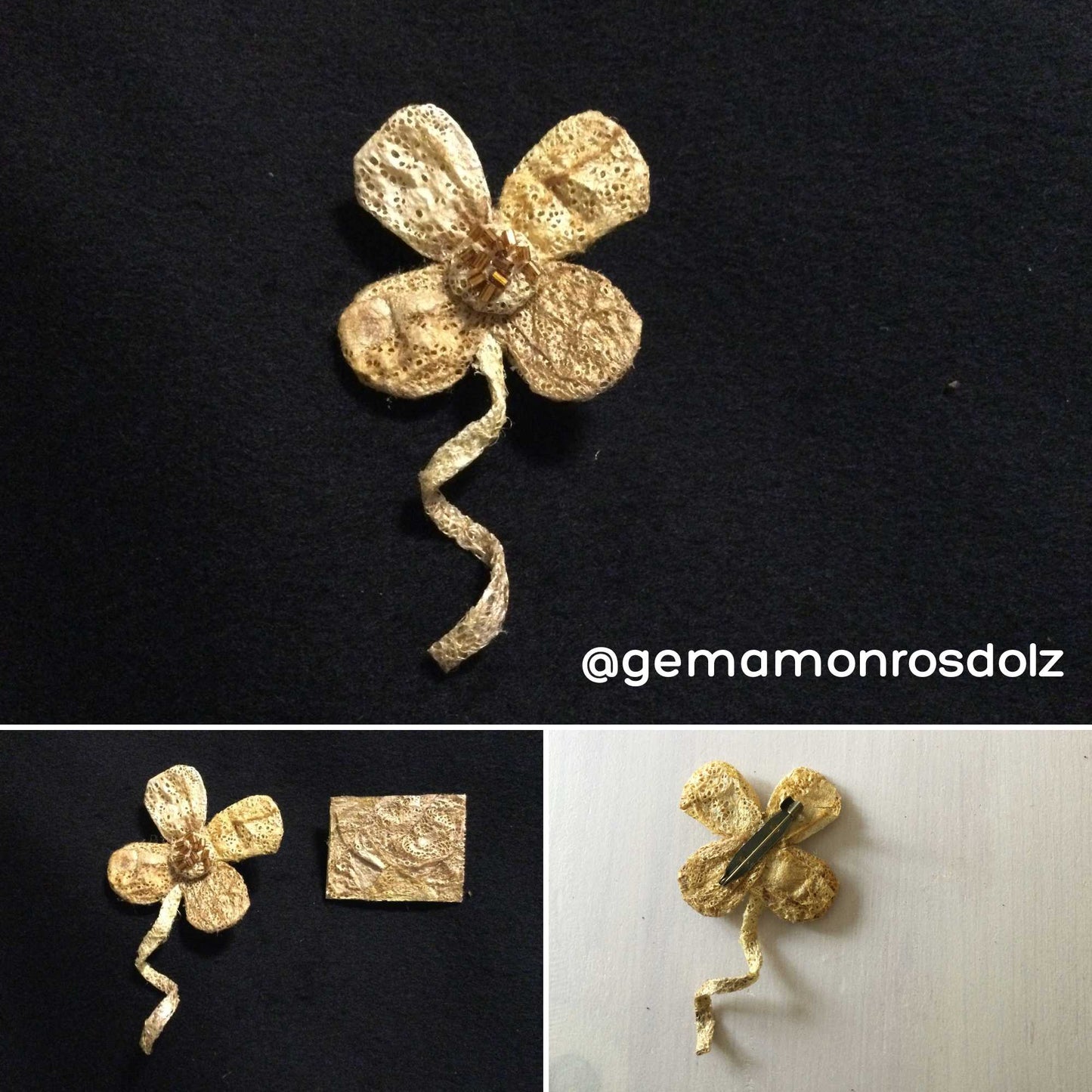 beautiful brooch handcrafted by @gemamonrosdolz using gold cricula cocoons. cruelty free, naturally golden cocoons