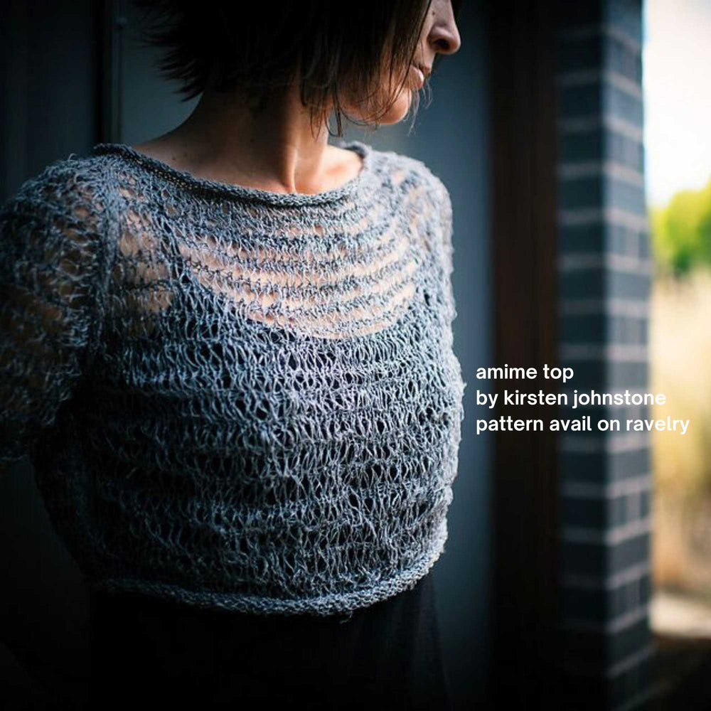 
                      
                        amime top designed by kirsten johnstone and using the habu textiles kibiso silk yarn and the silk & stainless steel yarn. pattern available on ravelry
                      
                    