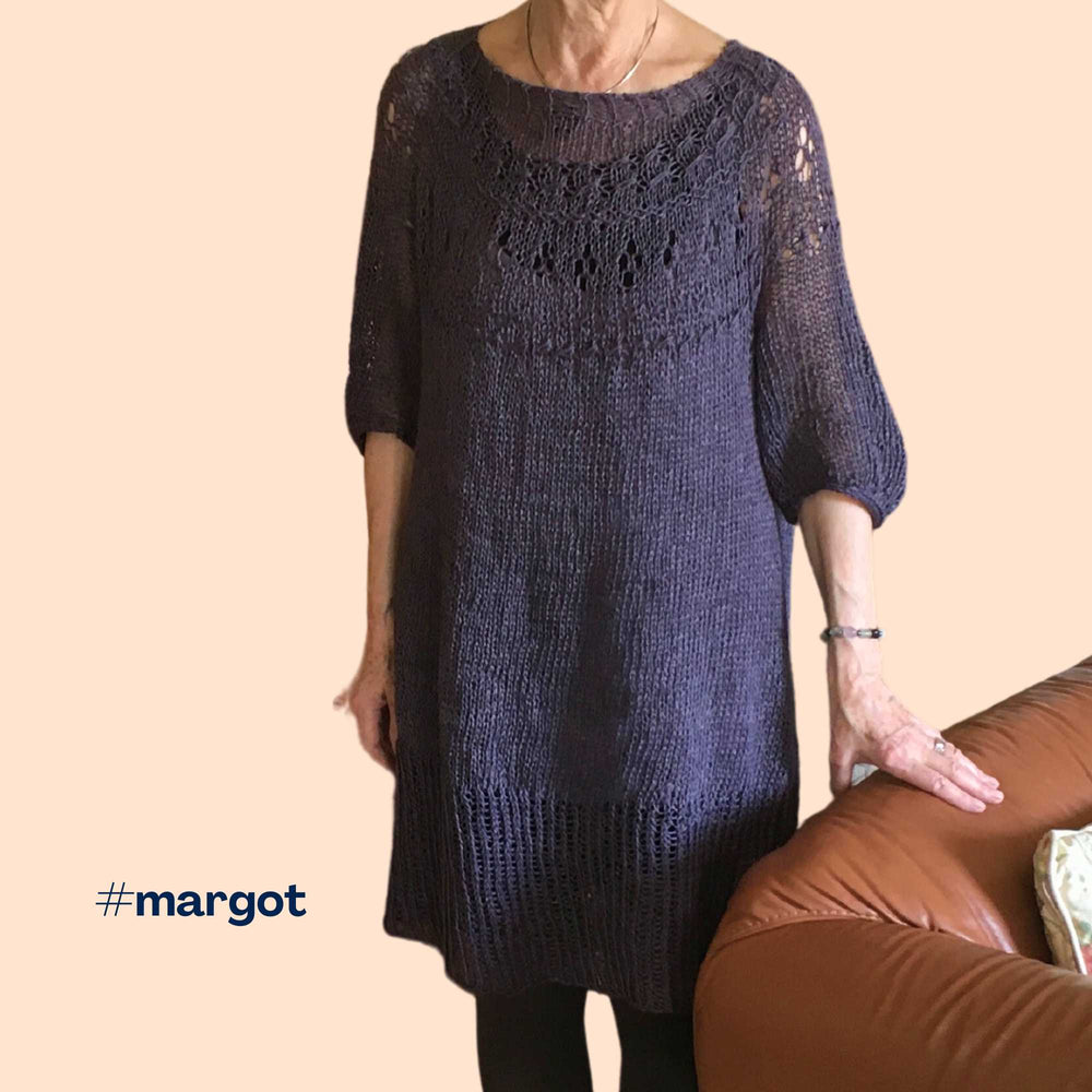 
                  
                    Ranunculus pattern by Midori Hirose and knitted by Margot. Using Linen Yarn in Steel (doubled). Pattern is for a top - Margot has extended to create this gorgeous dress
                  
                