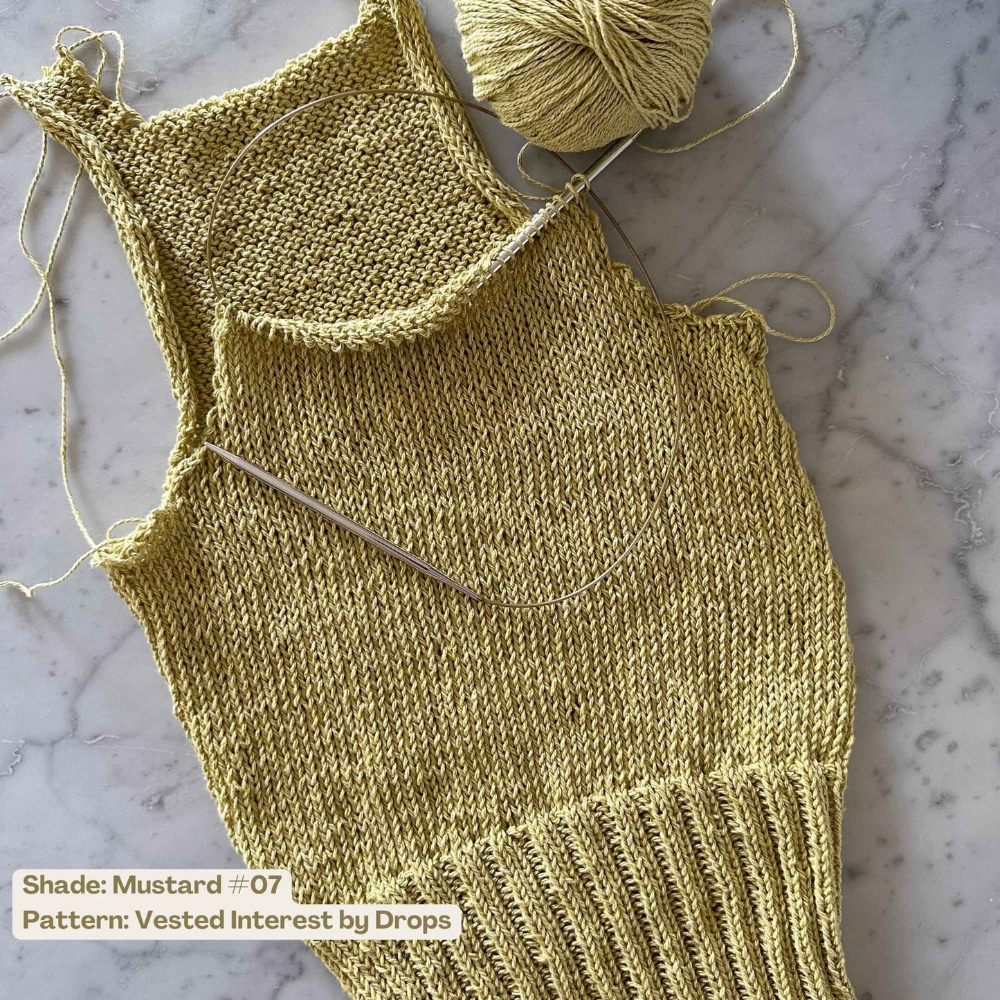 
                  
                    wip knitted vest using pascuali re-jeans-recycled denim yarn in mustard #07. A lovely yellow-green yarn in 100% recycled cotton
                  
                