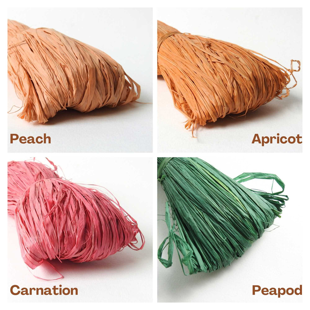 collage of latest colours in our natural raffia. perfect for weaving, crochet, baskets & bags