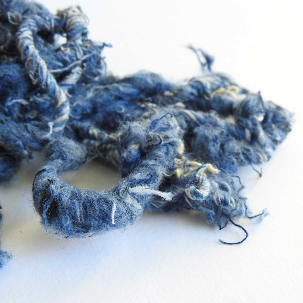 
                  
                    a hank of recycled denim yarn. our recycled denim is handspun with loads of texture. hand crafted from repurposed denim jeans. soft and chunky yarn for weaving, knitting, crochet
                  
                