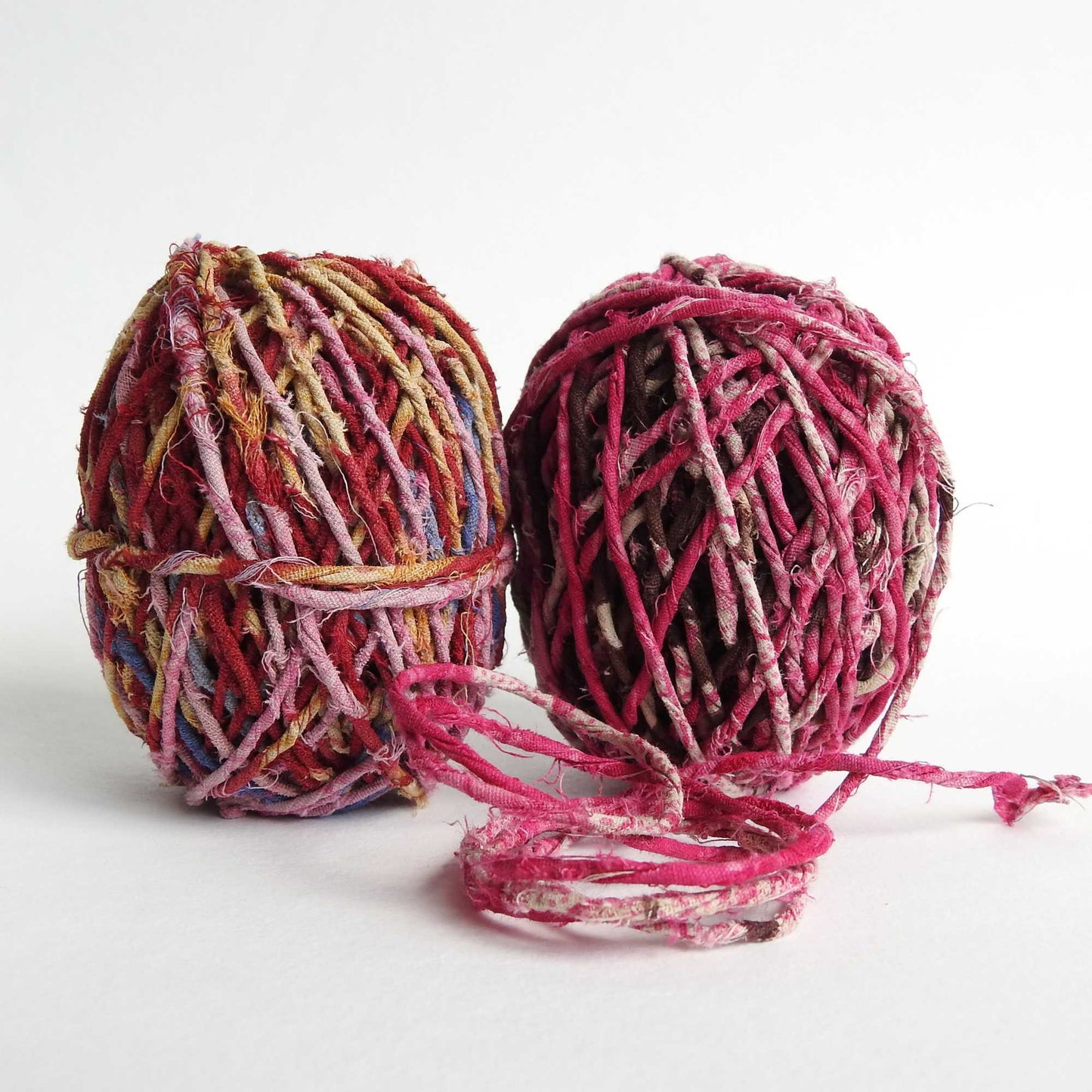
                  
                    Balls of upcycled cotton sari twine. Handmade from cotton saris. Use for weaving, jewelry, crafts, macrame, knitting, crochet, piping cord. Ecofriendly vegan yarn 25m
                  
                