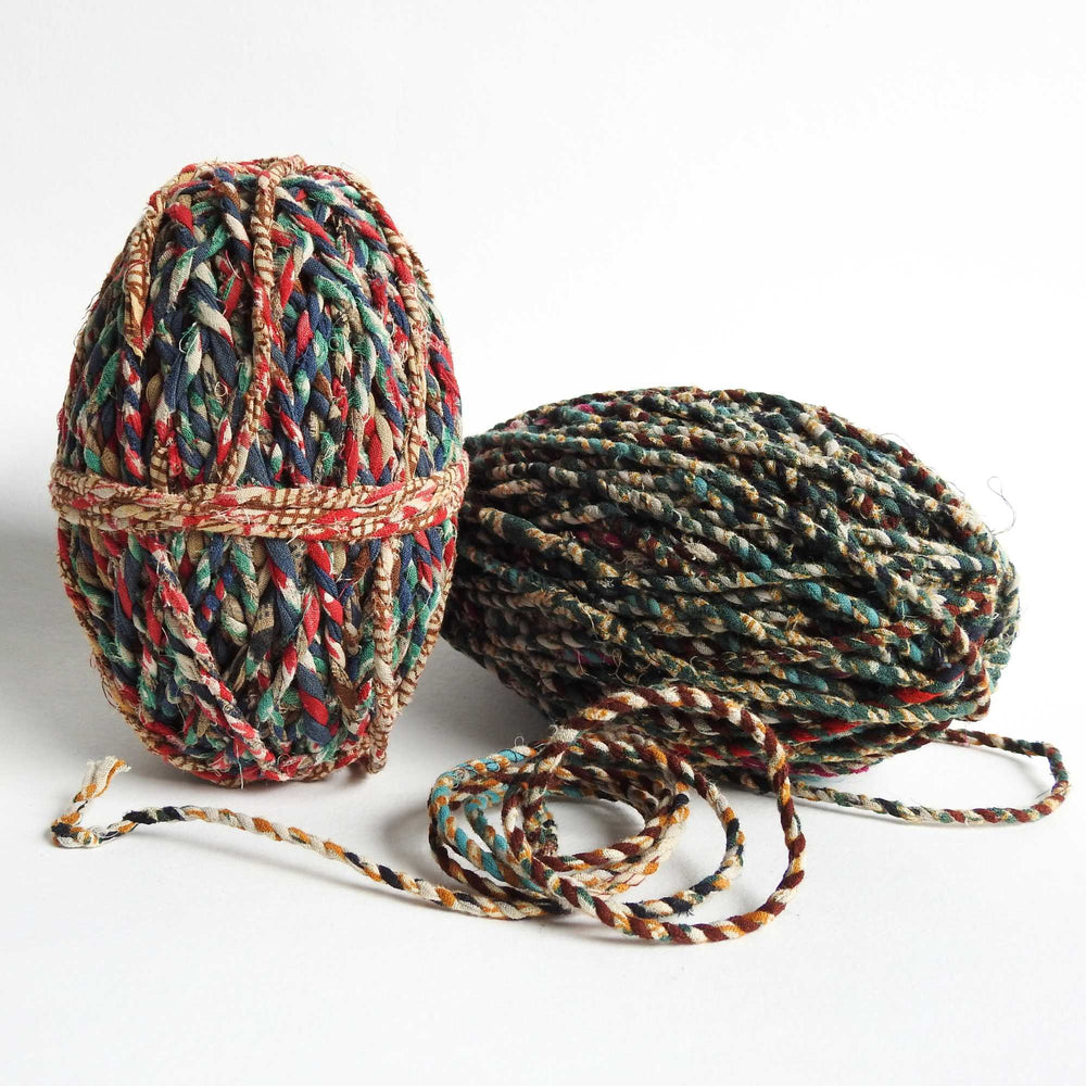 Ball of fairtrade recycled cotton cord in Green Blue. Soft Cotton cord for bracelets, necklace, jewelry, bags, baskets., piping, gift wrapping, macrame, wall hangings. Cotton cord for macrame, weaving, craft, knitting. Soft cotton rope. Handmade twine from upcycled cotton saris. 
