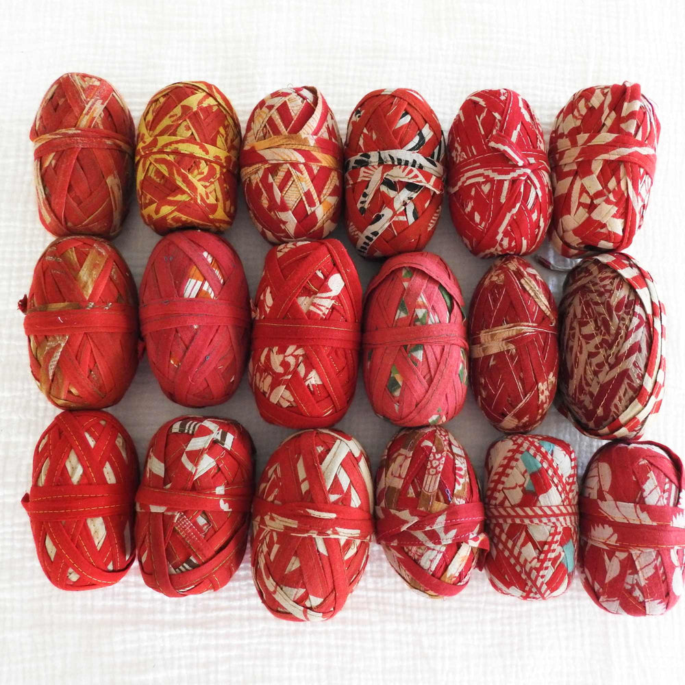 
                  
                    Upcycled Sari Cotton ribbon for wrapping, hair tie, flowers, weaving, basket making, sewing trim. Fair trade and upcycled materials. Hand crafted recycled yarn. Weaving, Knitting, Crochet
                  
                