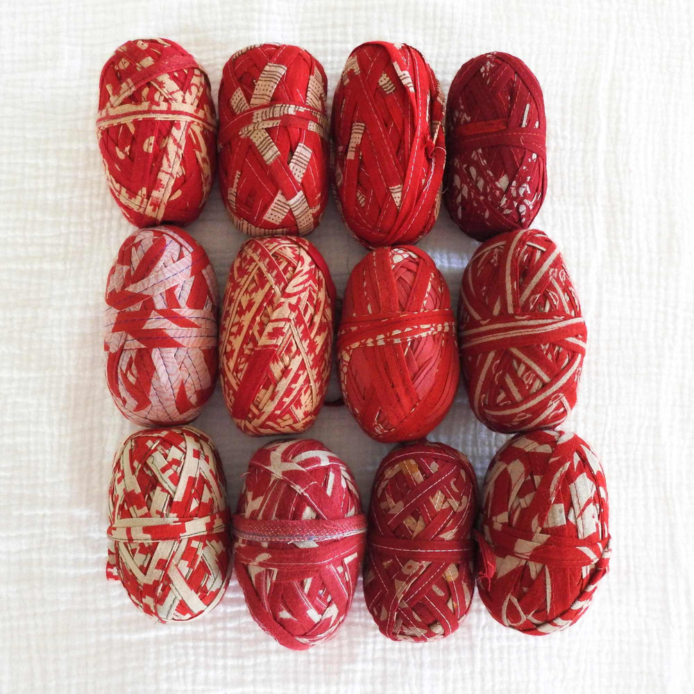 
                  
                    Upcycled Sari Cotton ribbon for wrapping, hair tie, flowers, weaving, basket making, sewing trim. Fair trade and upcycled materials. Hand crafted recycled yarn. Weaving, Knitting, Crochet
                  
                