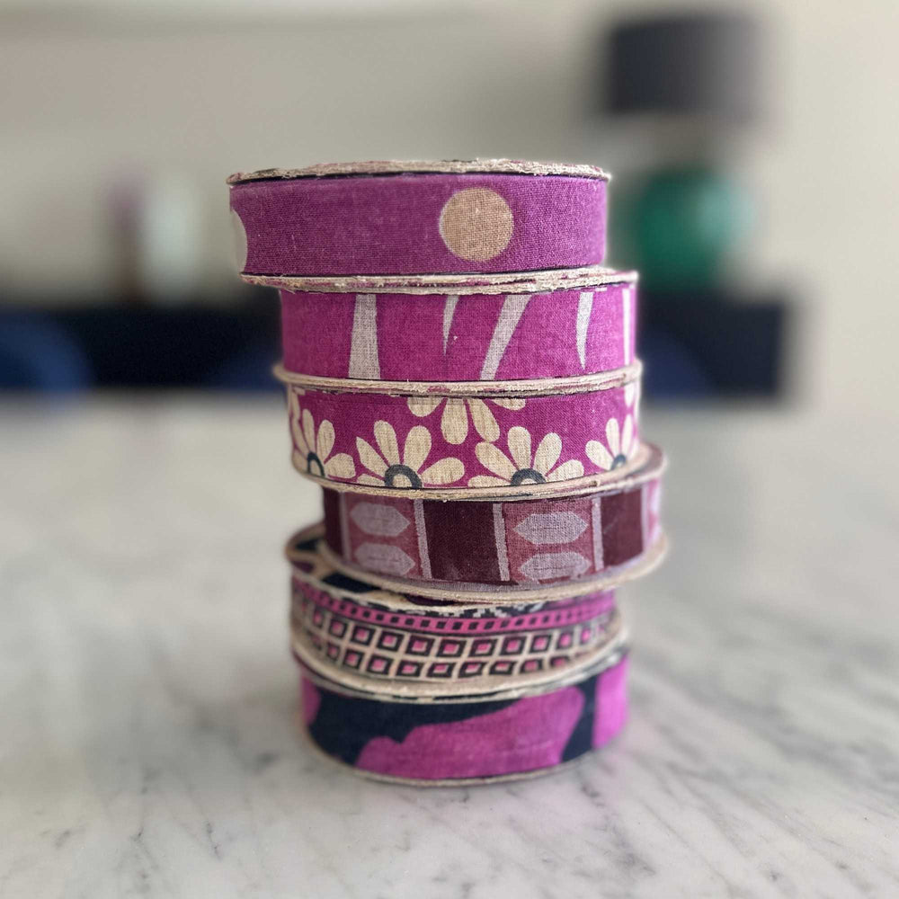 
                      
                        spools of upcycled sari cotton for weaving, baskets, trim, hair, hats, bags. Assorted colours and patterns. Crafted from upcycled sari cotton.
                      
                    