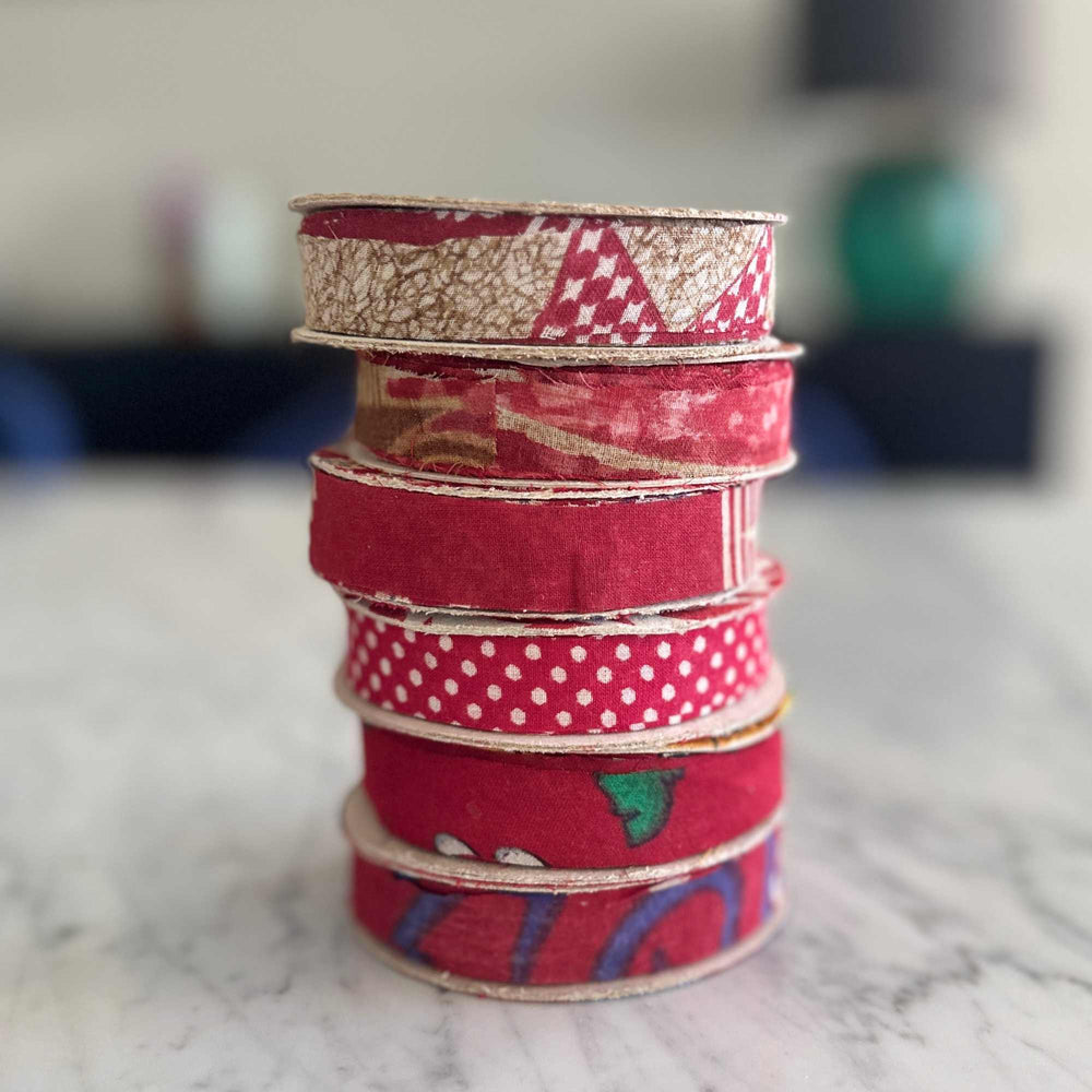 
                      
                        spools of upcycled sari cotton for weaving, baskets, trim, hair, hats, bags. Assorted colours and patterns. Crafted from upcycled sari cotton.
                      
                    