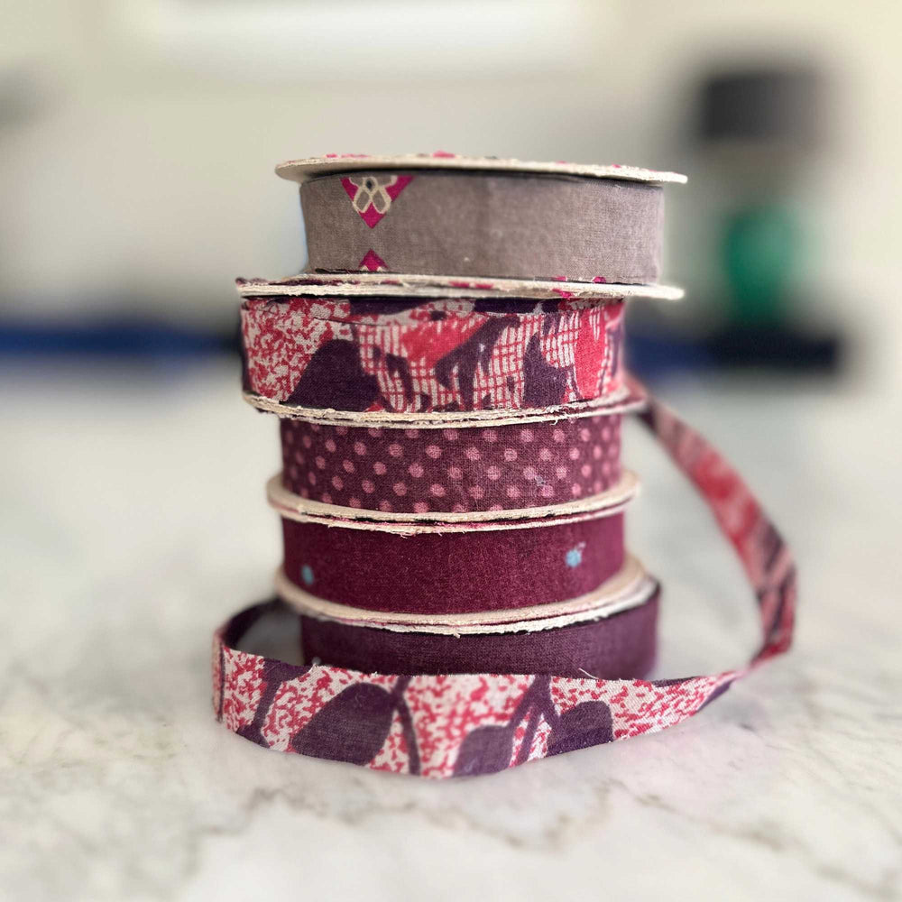 
                      
                        spools of upcycled sari cotton ribbon for weaving, baskets, trim, hair, hats, bags. Assorted colours and patterns. Crafted from upcycled sari cotton.
                      
                    