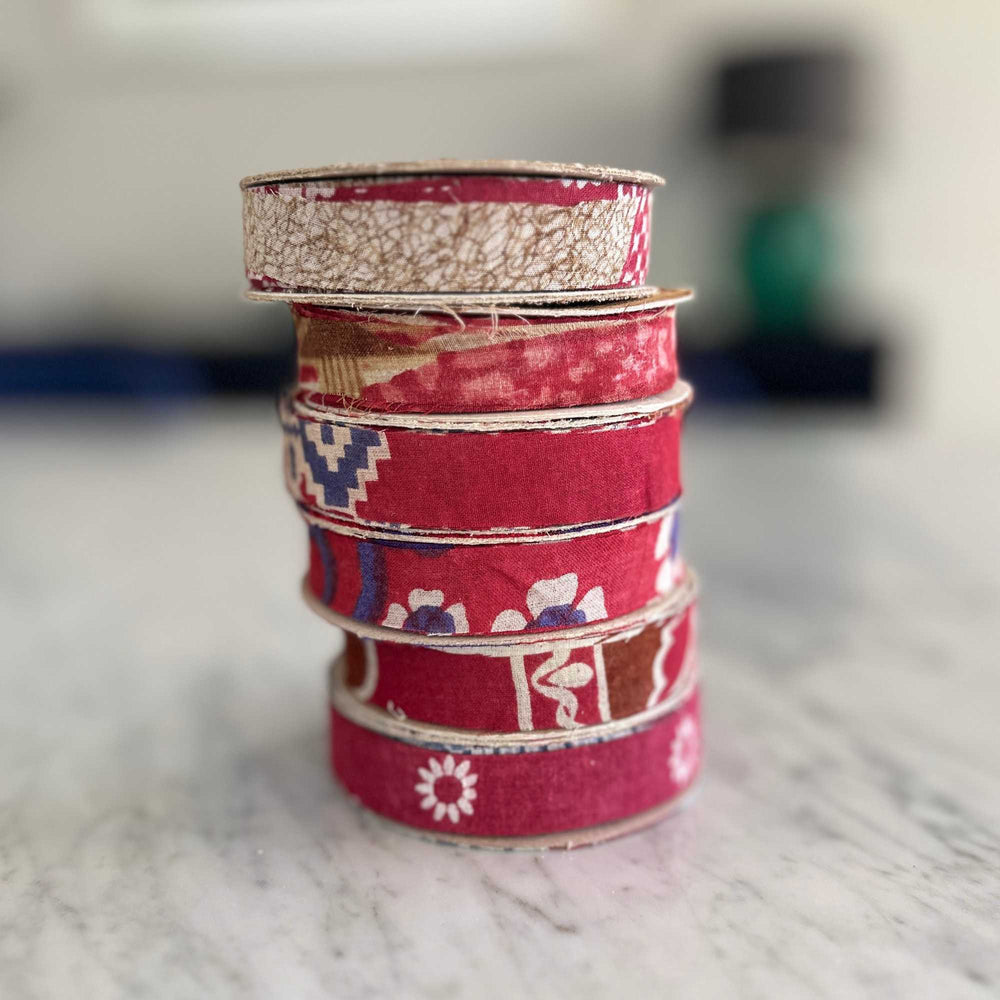 
                      
                        spools of upcycled sari cotton ribbon for weaving, baskets, trim, hair, hats, bags. Assorted colours and patterns. Crafted from upcycled sari cotton.
                      
                    