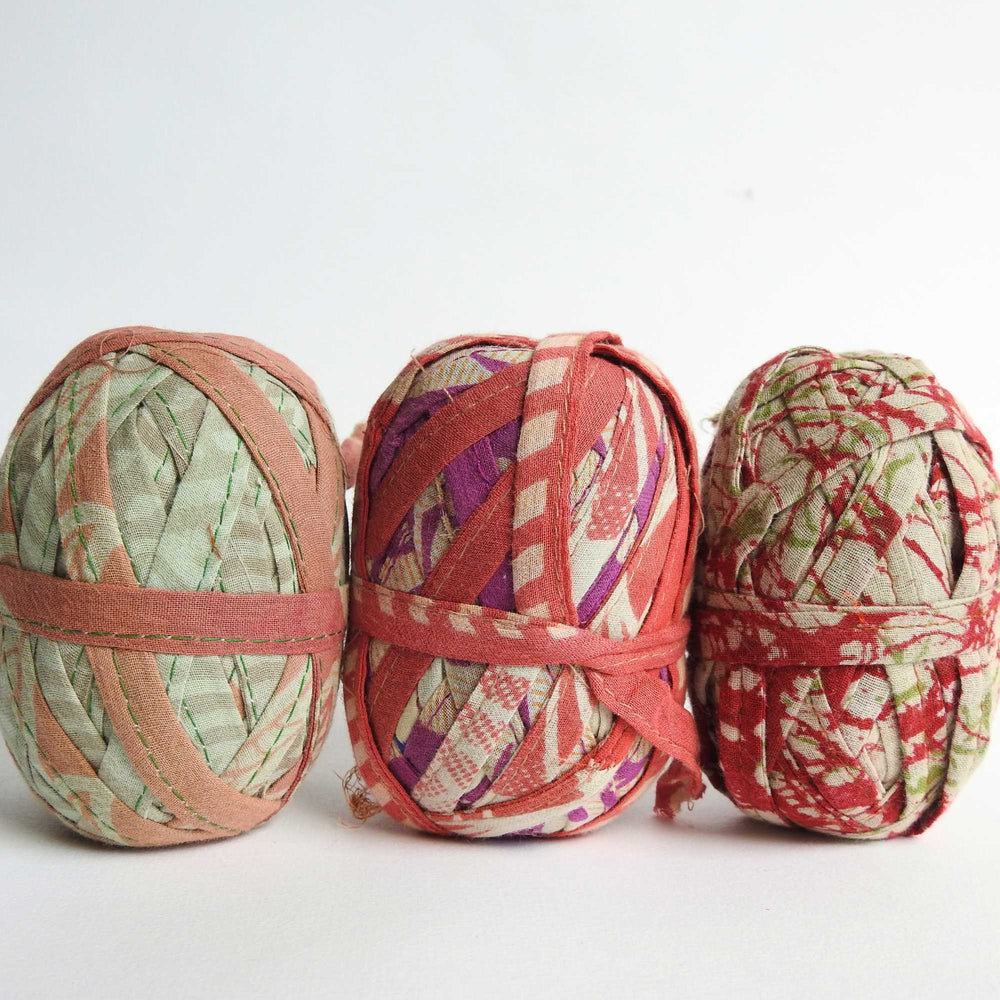 
                  
                    Upcycled Sari Cotton ribbon for wrapping, hair tie, flowers, weaving, basket making, sewing trim. Fair trade and upcycled materials. Hand crafted recycled yarn. Weaving, Knitting, Crochet
                  
                