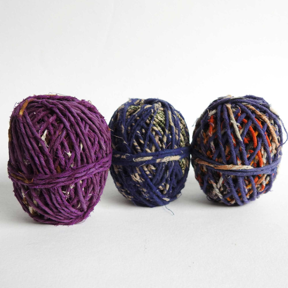 
                      
                        Balls of upcycled cotton sari twine. Handmade from cotton saris. Use for weaving, jewelry, crafts, macrame, knitting, crochet, piping cord. Ecofriendly vegan yarn 25m
                      
                    