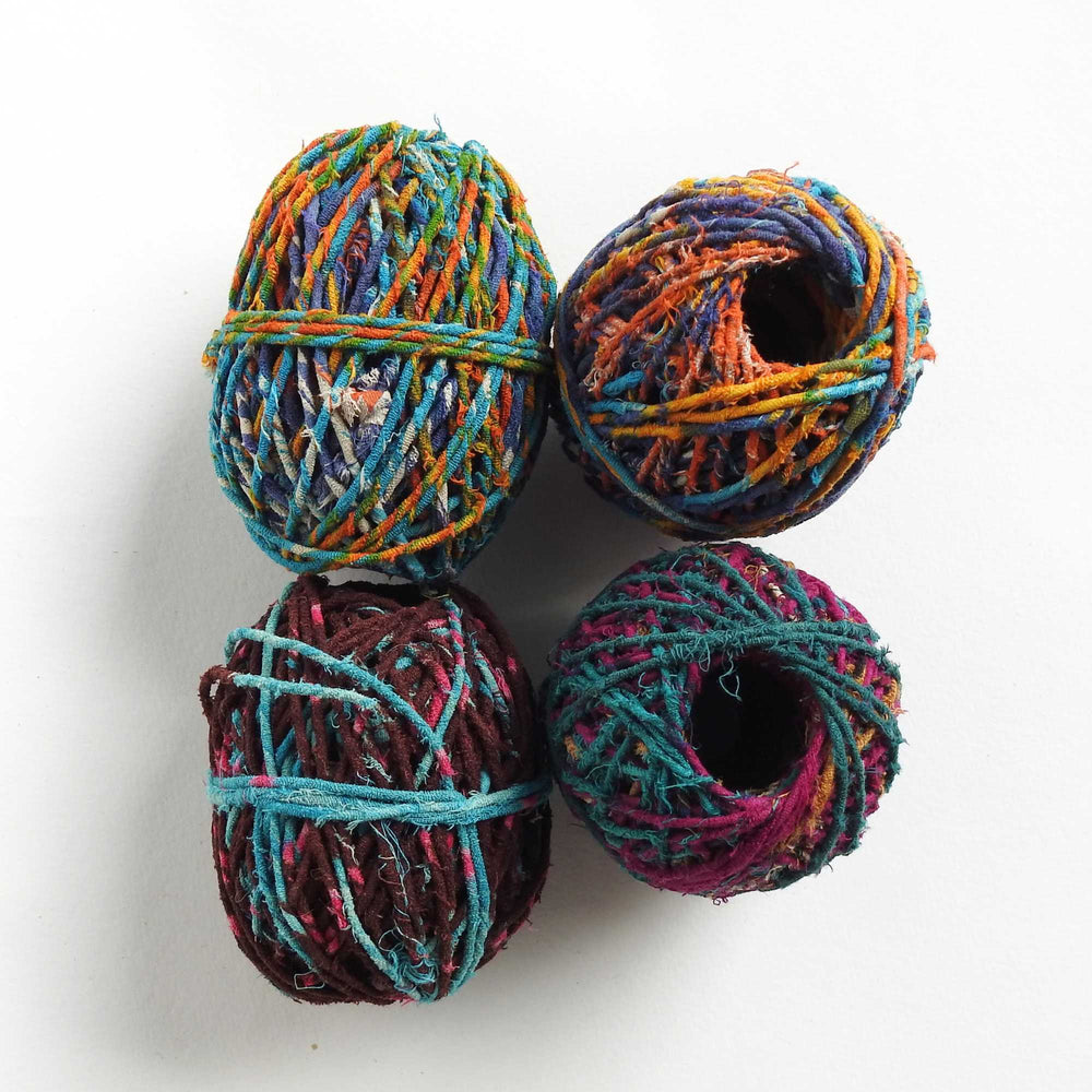 
                      
                        Balls of upcycled cotton sari twine. Handmade from cotton saris. Use for weaving, jewelry, crafts, macrame, knitting, crochet, piping cord. Ecofriendly vegan yarn 25m
                      
                    