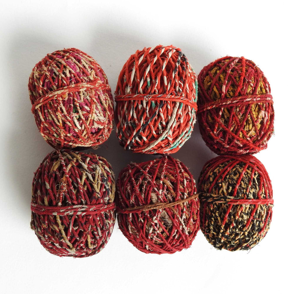 
                      
                        Balls of upcycled cotton sari twine. Handmade from cotton saris. Use for weaving, jewelry, crafts, macrame, knitting, crochet, piping cord. Ecofriendly vegan yarn 25m
                      
                    