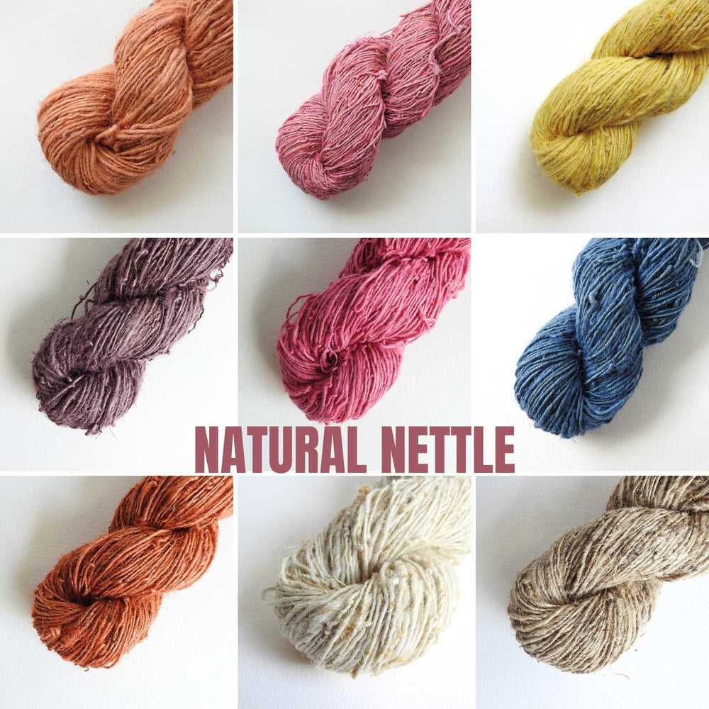 Collage of Nettle yarns in assorted colours. Nettle is a highly sustainable and eco friendly crop. ORA Fabulous Fibres Nettle yarn is hand spun with a beautiful thick and thin texture giving it a rustic finish. Nettle yarn is available in a range of colours.