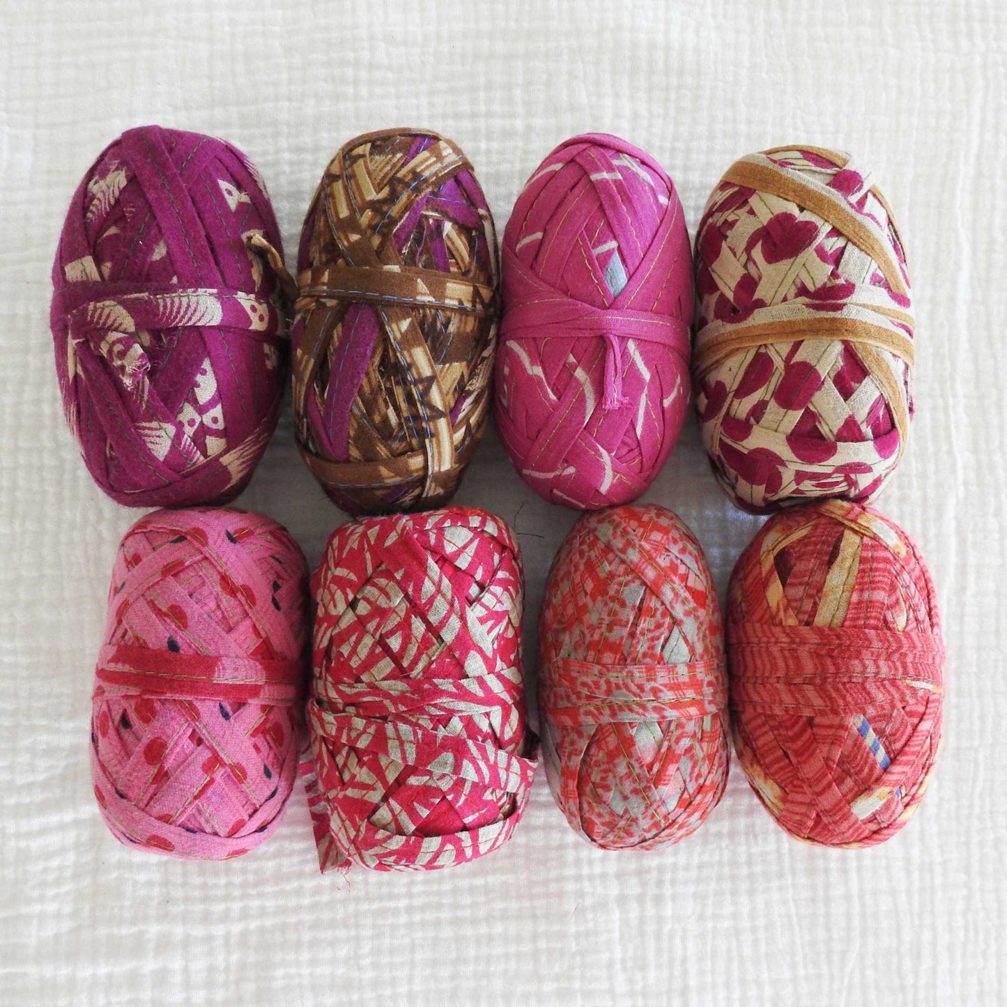 Upcycled Sari Cotton stitched ribbon for wrapping, hair tie, flowers, basket making, sewing trim. Fair trade hand crafted from upcycled materials for use in weaving, knitting and crochet.