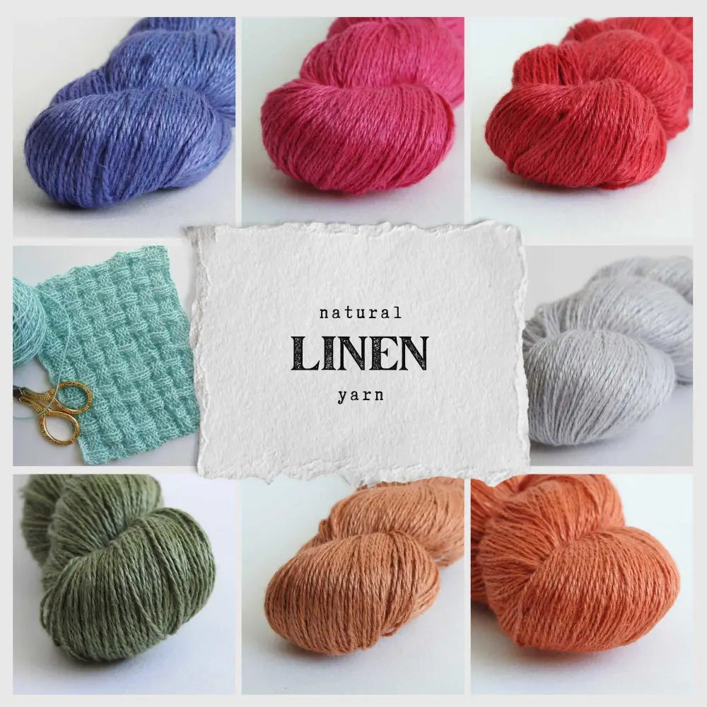 collage of skeins of Linen yarn in various colours. Linen yarn for knitting, weaving, crochet. Natural vegan yarn for summer, baby, socks.