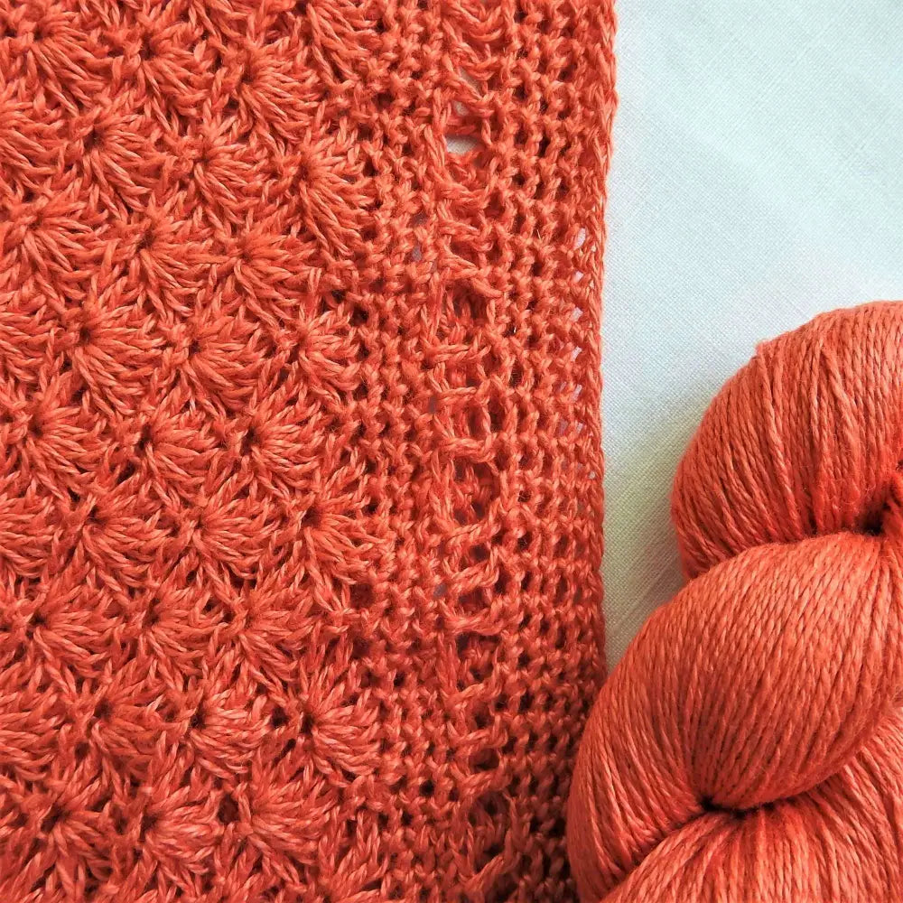 
                  
                    crocheted sample using linen yarn in mandarin red. Linen yarn for knitting, weaving, crochet. Natural vegan yarn for summer, baby, socks.
                  
                