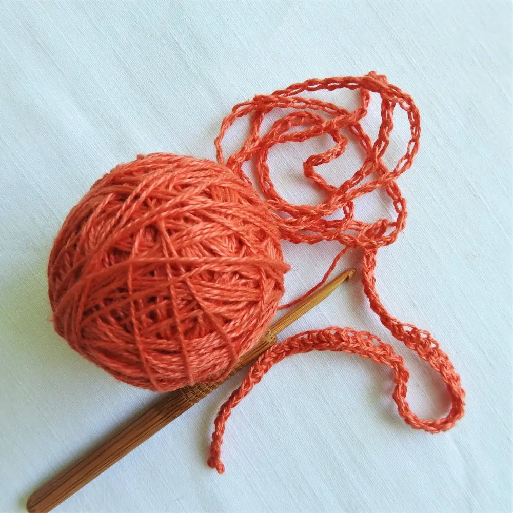 
                  
                    crochet using linen yarn in mandarin red. Linen yarn for knitting, weaving, crochet. Natural vegan yarn for summer, baby, socks.
                  
                