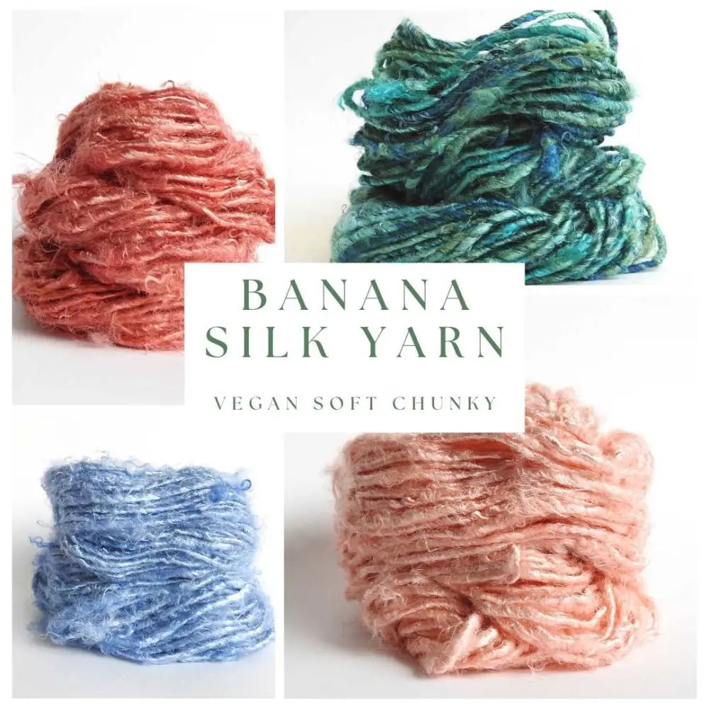 A collage of balls of Banana Silk Yarn. Natural, vegan banana fiber yarn for weaving, punch needle, knitting, crochet. Soft, squishy, chunky yarn.