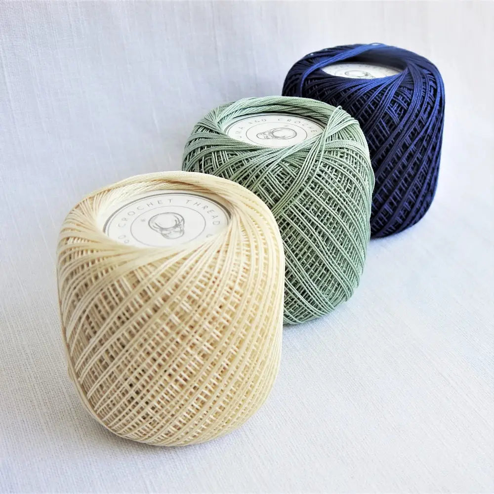 
                  
                    Balls of Cotton Crochet Thread size 60 in Kinari, Celadon and Indigo. Cotton crochet yarn Australia for jewelry, mats. Natural cotton. Vegan yarn. Size 60 crochet thread ball. Daruma Yokota Japanese Crochet Thread
                  
                