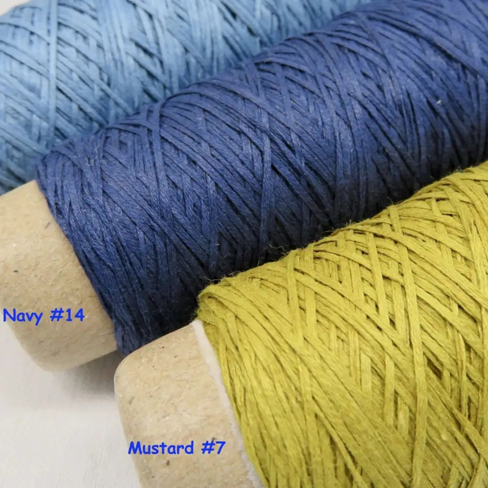
                  
                    Habu Cotton Gima yarn in teal blue, navy and mustard. Yarn for weaving, knitting, crochet. Habu Cotton Gima. Habu yarn A174
                  
                