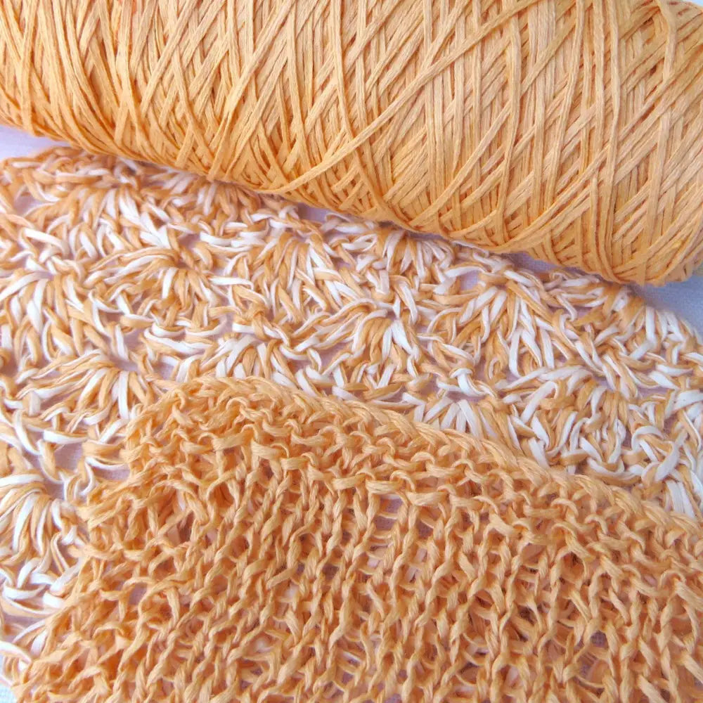 
                  
                    Knitted Samples in Habu Cotton Gima yarn in orange and natural. Yarn for weaving, knitting, crochet. Habu Cotton Gima. Habu yarn A174
                  
                
