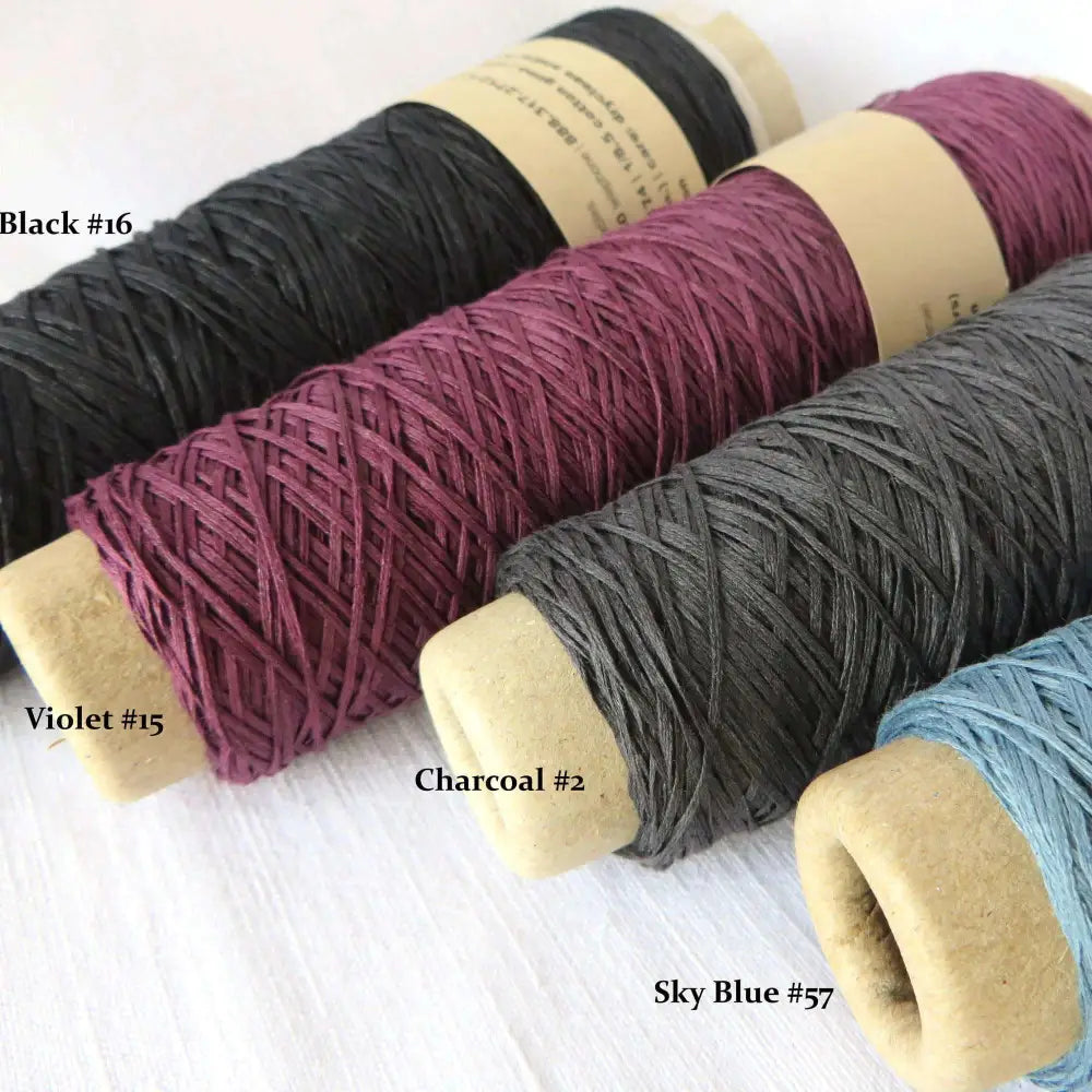 
                  
                    Habu Cotton Gima yarn in black, violet, charcoal and sky blue. Yarn for weaving, knitting, crochet. Habu Cotton Gima. Habu yarn A174
                  
                