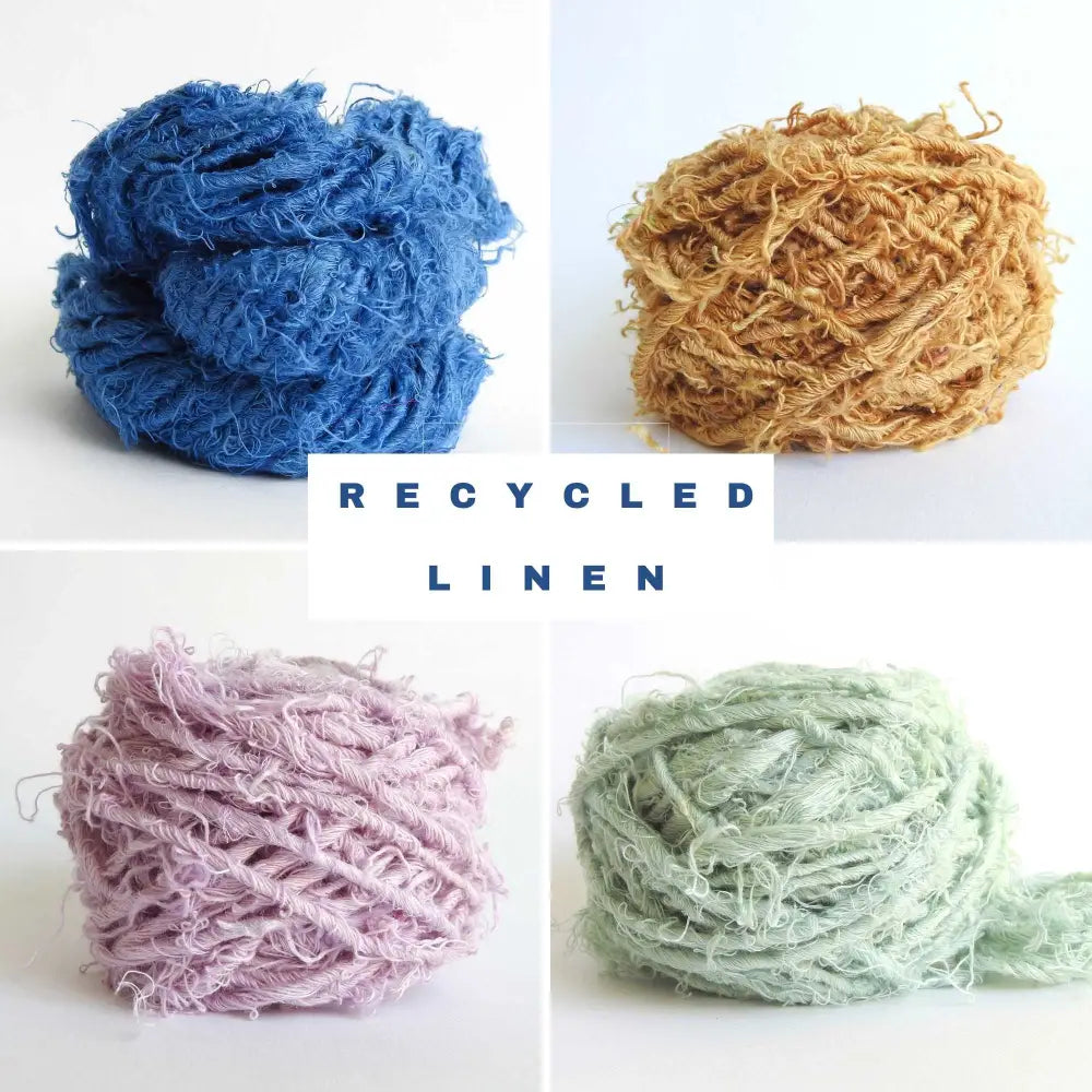 Balls of recycled linen yarn in various colours. Eco friendly yarn for sustainable living. Crafted from textile waste. #planetearth
