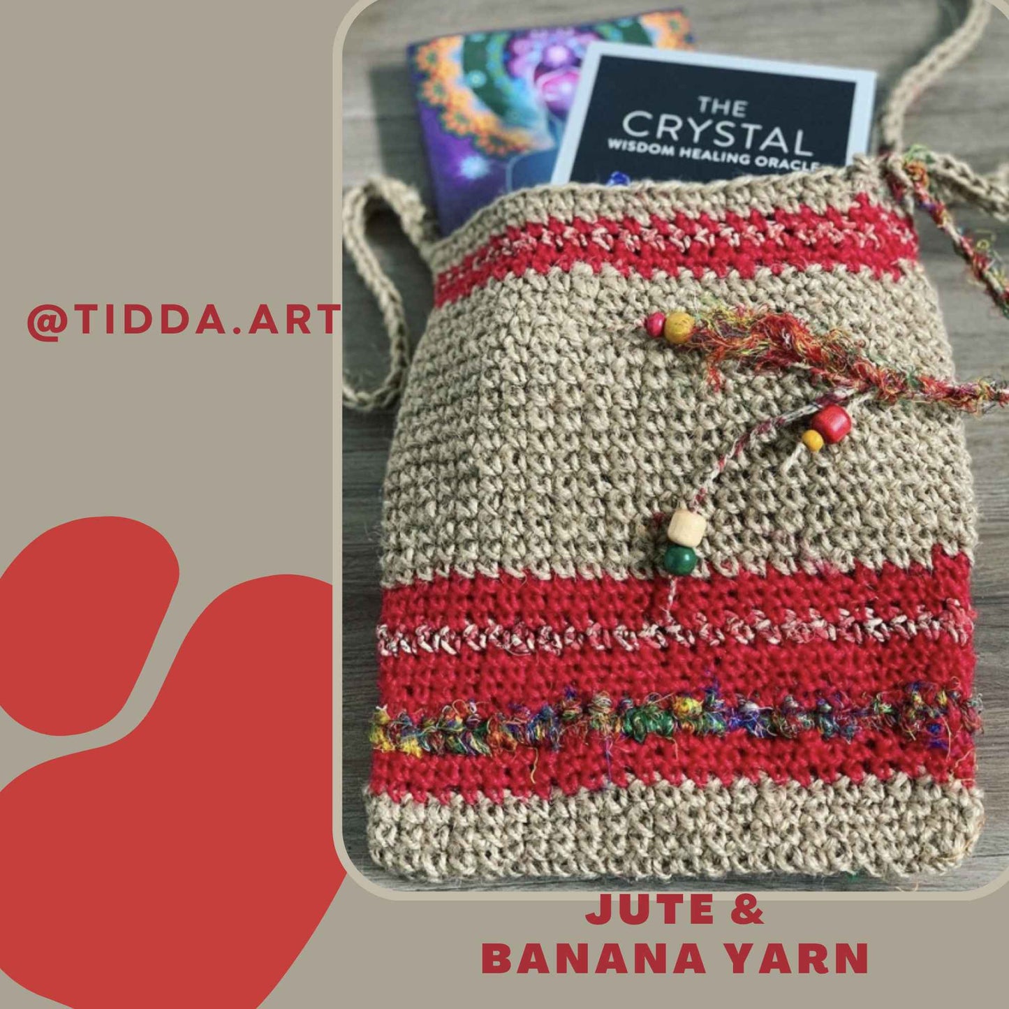 
                  
                    Rustic boho over the shoulder bag handmade using jute and banana yarn. Crafted by @tidda.art using natural jute twine and banana silk yarn in indian jewel.
                  
                