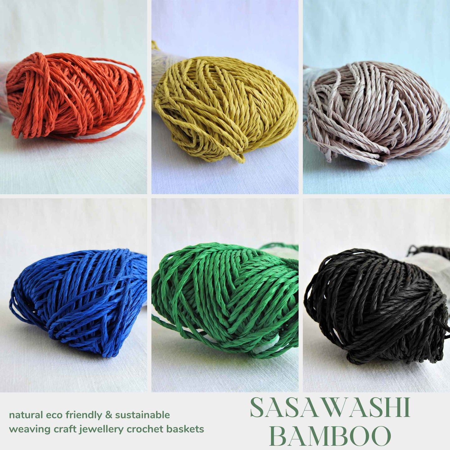 Collage of Sasawashi Bamboo Paper yarn. Daruma Bamboo yarn for summer hats, bags, baskets. Eco friendly, vegan yarn for weaving, knitting, crochet, craft. Daruma Ito Yokota Sasawashi.