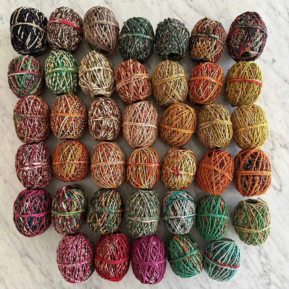 
                  
                    Balls of recycled cotton sari twine. Handmade from cotton saris. Use for weaving, jewelry, crafts, macrame, knitting, crochet, piping cord. Ecofriendly vegan yarn 25m
                  
                