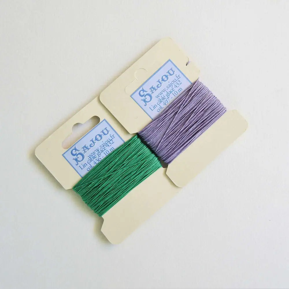 Cards of waxed linen thread in Lawn and Mauve.  Wax linen thread for beading, jewellery, leather sewing, book binding, bracelets. Heavy duty thread. Size 432. Fil au Chinois waxed Linen from Maison Sajou. 