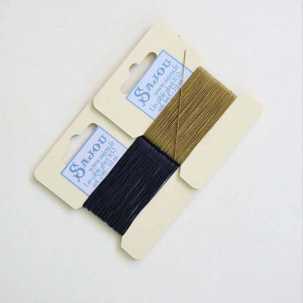 
                  
                    Cards of waxed linen thread in Navy and Moss.  Wax linen thread for beading, jewellery, leather sewing, book binding, bracelets. Heavy duty thread. Size 832. Fil au Chinois waxed Linen from Maison Sajou. 
                  
                